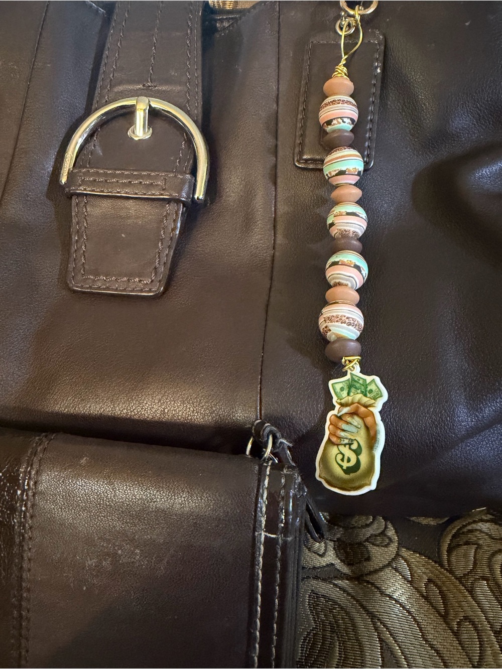 Beaded Brown and Mint Key/Bag Charm with Money-Bag Pendant